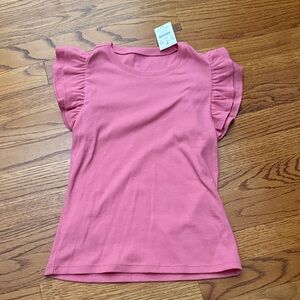 Crewcuts Pink Ribbed Knit Top with Subtle Ruffle Detail